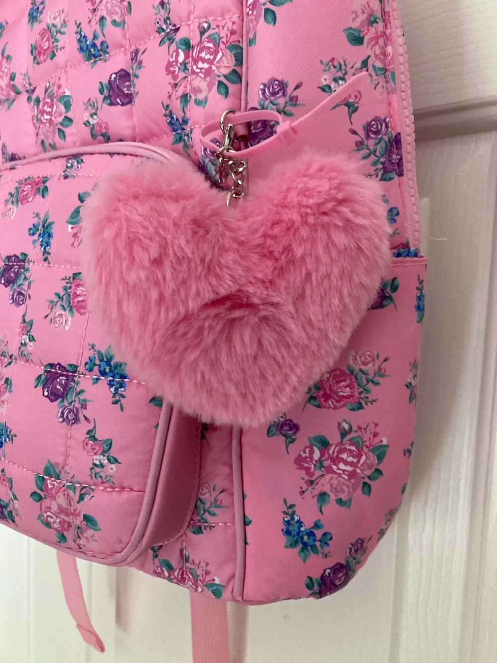 OMG Pink Floral Quilted Kids Backpack with Pom-Pom Charm